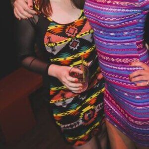 VTG Y2K Geometric Tribal Long Sleeve Clubbing Festival Rave Dress Medium M EUC